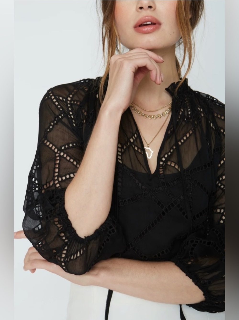 Anthropologie | Caballero | Black Eyelet Cutout V-Neck Blouse